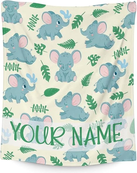 Personalized Elephant Blanket Gifts with Name - 50"x60" Cute Throw for Women Girls - Green Soft Fuzzy Blankets for Bed, Couch & Living Room