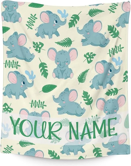 Personalized Elephant Blanket Gifts with Name - 50"x60" Cute Throw for Women Girls - Green Soft Fuzzy Blankets for Bed, Couch & Living Room