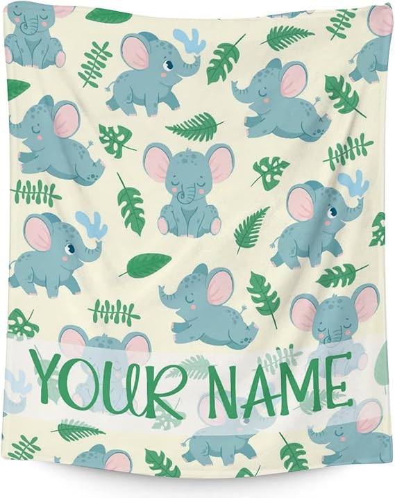 Personalized Elephant Blanket Gifts with Name - 50"x60" Cute Throw for Women Girls - Green Soft Fuzzy Blankets for Bed, Couch & Living Room