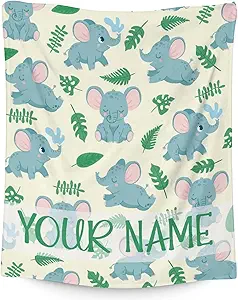 Personalized Elephant Blanket Gifts with Name - 50"x60" Cute Throw for Women Girls - Green Soft Fuzzy Blankets for Bed, Couch & Living Room