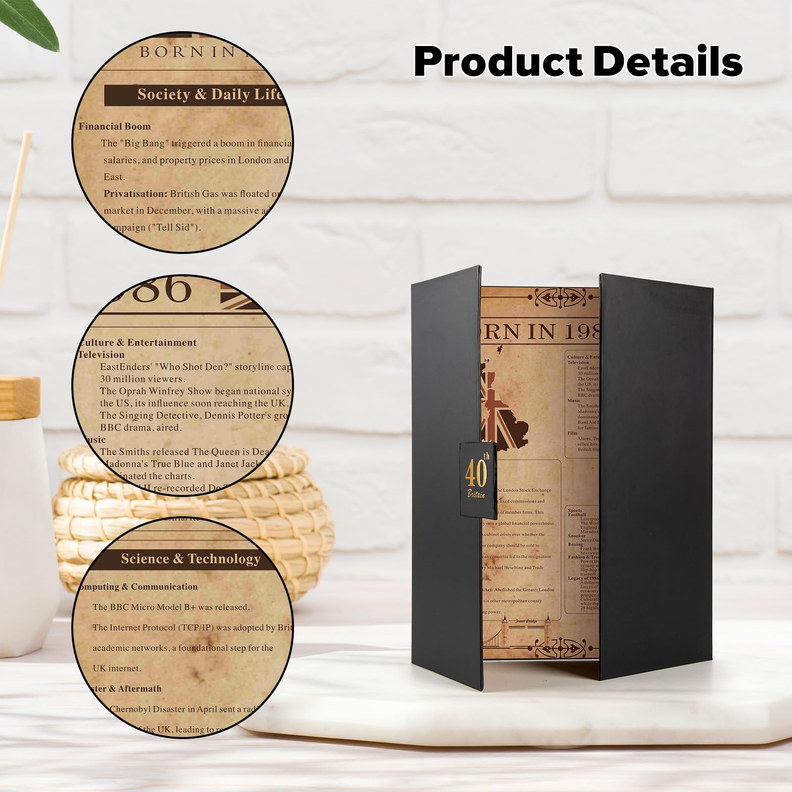 Born in 1986 UK 40th Birthday Gift Set with 3 Vintage Posters – Tri-Fold Birth Year Timeline, Dual-Fold Childhood Memories & Bonus Blank Greeting Card for Personal Messages, Retro Party Decorations — view 3