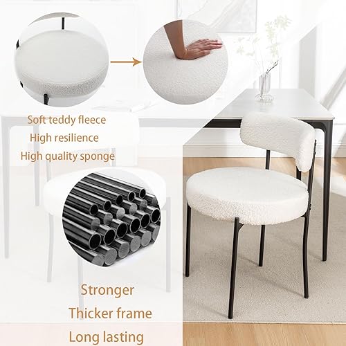 Miniatura 4 de Boucle - Juego de 4 sillas de comedor tapizadas redondas con patas de metal negro, sillas de comedor modernas blancas para comedor, cocina