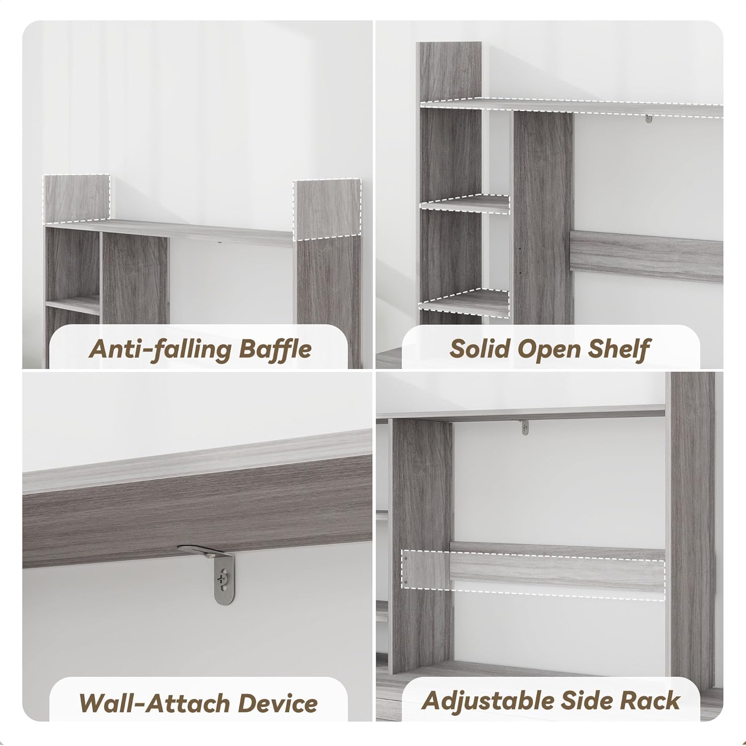 FTZxHKLX Desktop Bookshelf, Wooden Desk Hutch for Computer Monitor Up to 27'' with 3 Open Storage Shelves, Large 4-Tier Desk Organizer for Dorm Office Home, Wash Grey