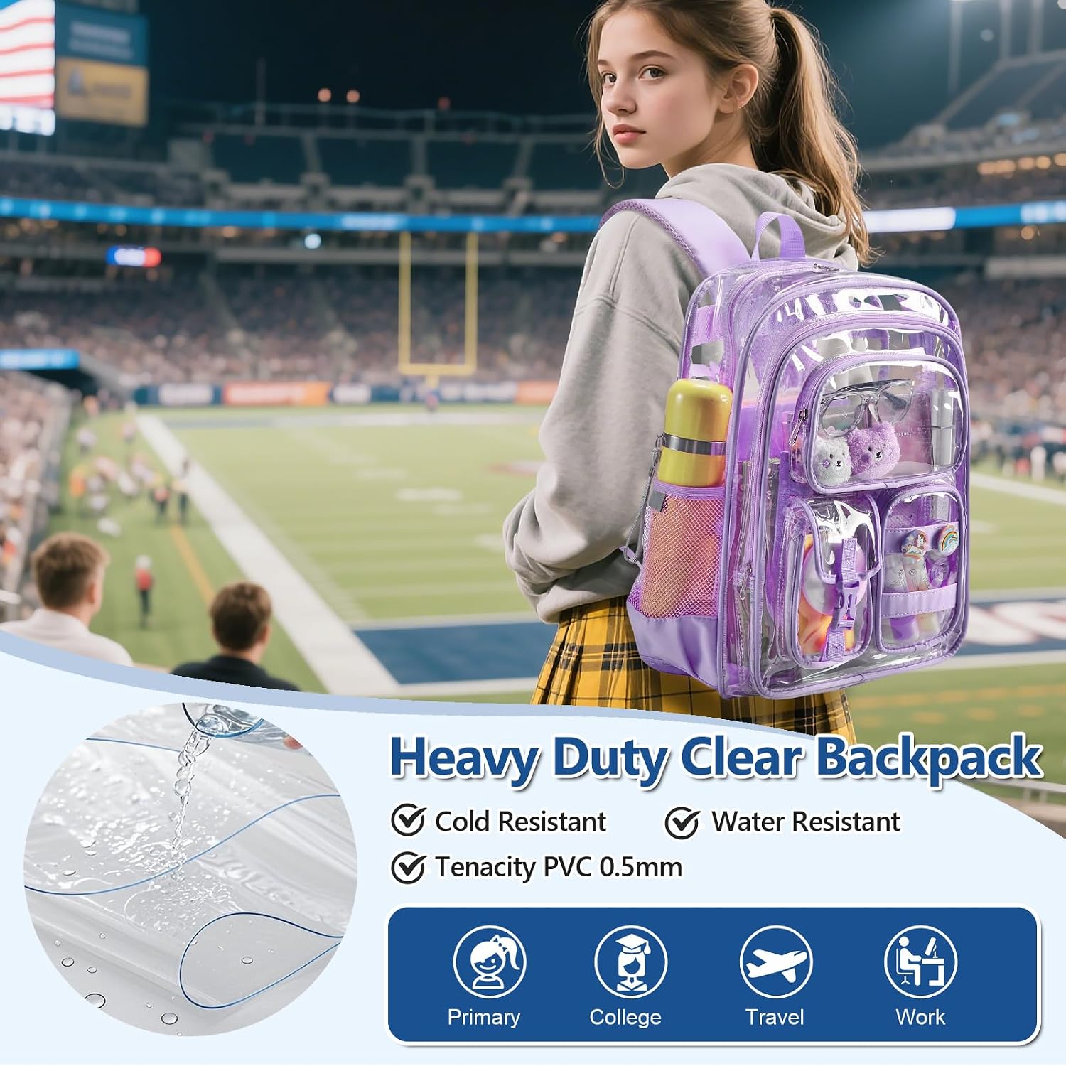 Clear Backpack with Pencil Case, Heavy Duty PVC Transparent Backpack with Oxford Cloth Bottom & Reflective Strips for Primary College Work Stadium Concert Festival image 4