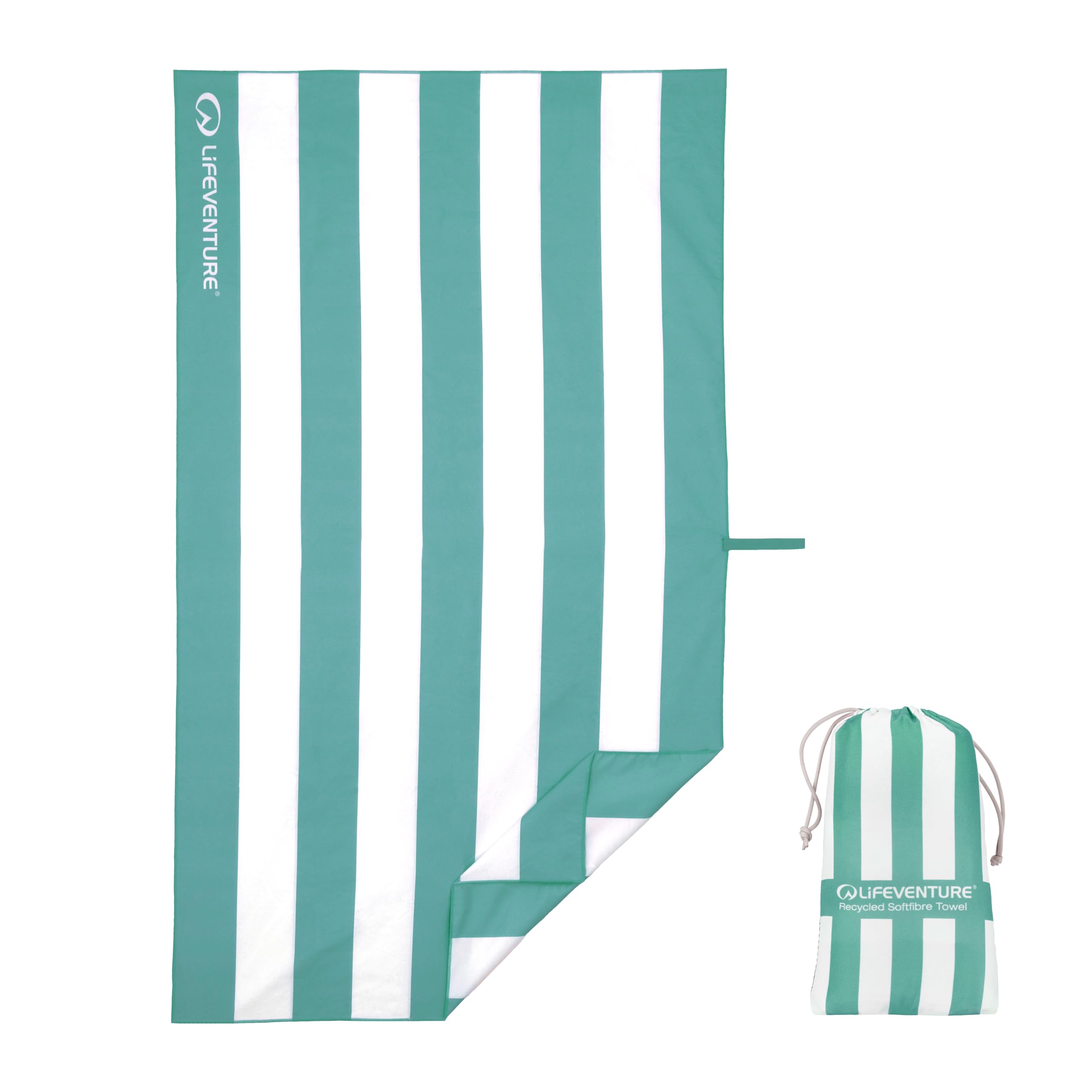 Lifeventure Quick Dry Beach Towel - Sand Free, Lightweight & Compact Microfibre Travel Towel with Carry Bag - Anti-Odour, 100% Recycled - Large 150x90cm, Aqua Stripe