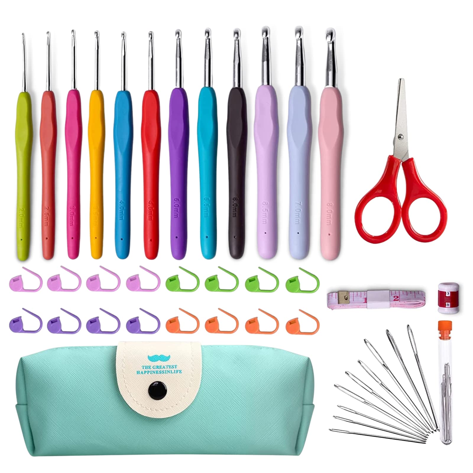 STWIE Crochet Hooks Set 41PCS Crochet Kit Come 2-8mm Ergonomic Soft Grip Crochet Hook with Case for Arthritic Hands,9PCS Large-Eye Blunt Needles,Scissor Accessories, Great Crochet Starter Kit Gifts