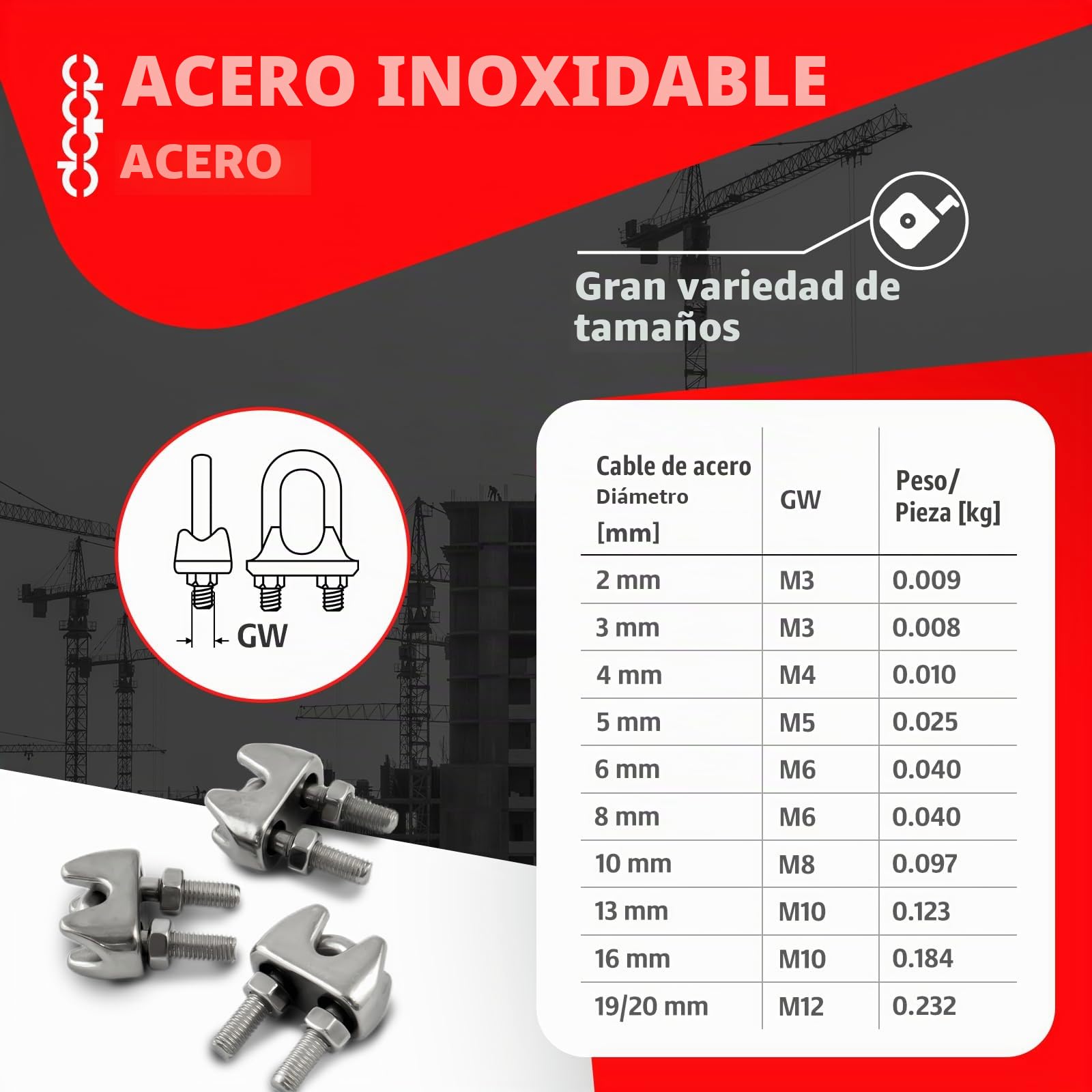 CONJUNTO 10m cable 10mm acero inoxidable cordaje hebra: 7x19 + 4 abrazaderas