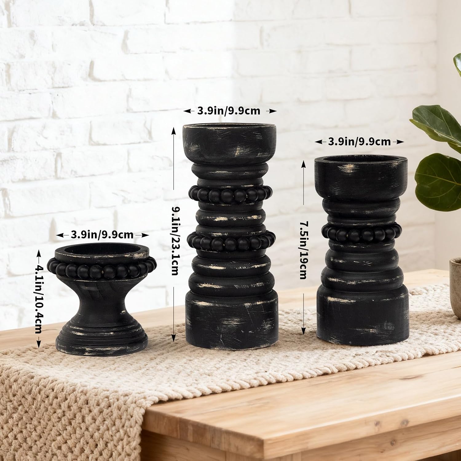 Rustic Black Wood Candle Holders Set of 3, Farmhouse Beaded Wood Pillar Candle Holder, Candle Holders for Pillar Candles & Candlesticks, Candle Sticks Holder Decor for Table Centerpiece