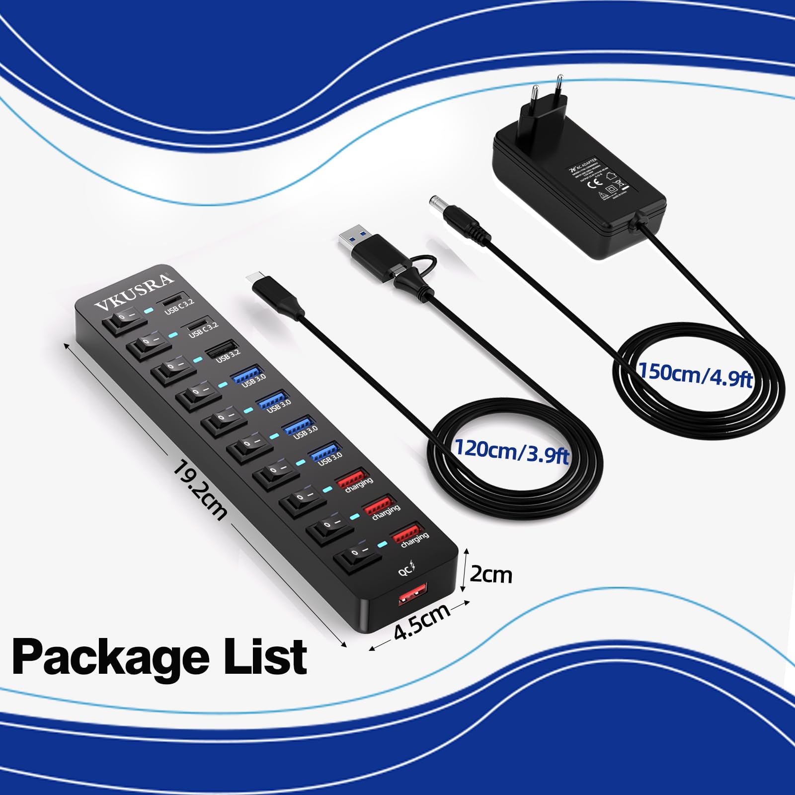 Hub USB 3.2 avec 11 Ports à 10 Gbps - A/C, 4 Ports de Charge Rapide 3.0 - Câble 2-en-1 120 cm et Adaptateur Secteur 48W