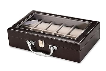 FONSIE® Watch box brown storage organizer case gift item for men and women luxurious faux leather collection 12 slots with premium velvet cover pillows.