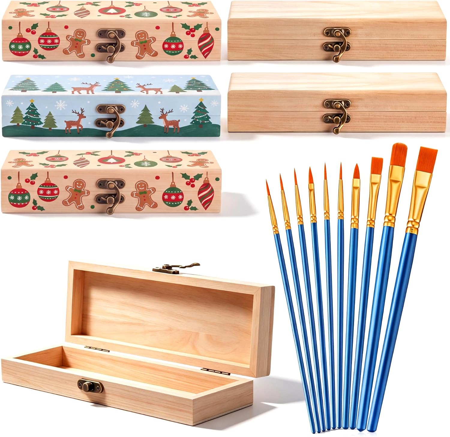 Taiyin 6 Sets Halloween Unfinished Wooden Box with 10 Brushes for DIY Craft