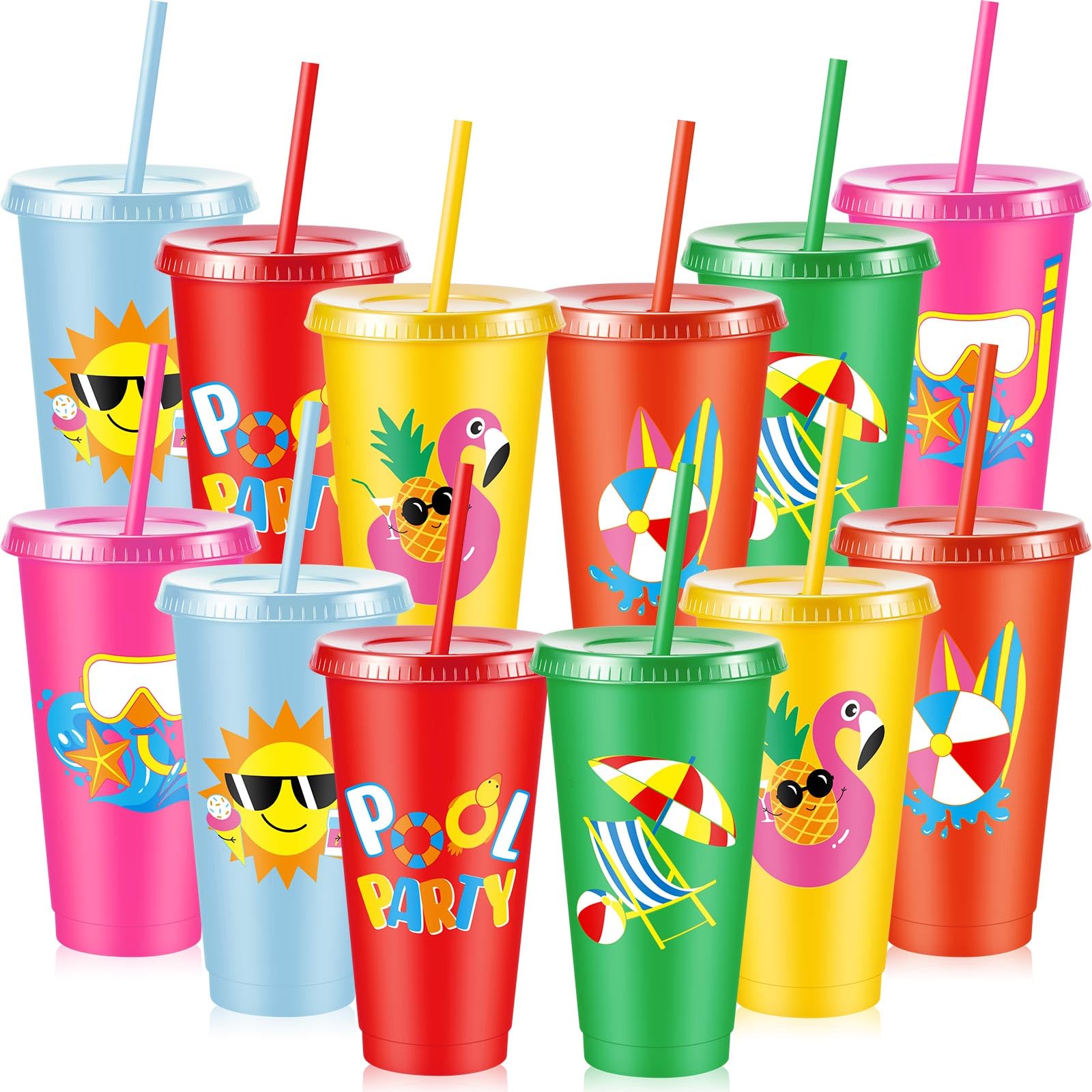 Photo 1 of Chuangdi 12 Pcs Beach Pool Party Plastic Cups with Lids and Straws 24 oz Summer Luau Swimming Pool Themed Tumblers Drinking Cups for Beach Ball Hawaii Holiday Gifts Birthday Party Decorations Favors
