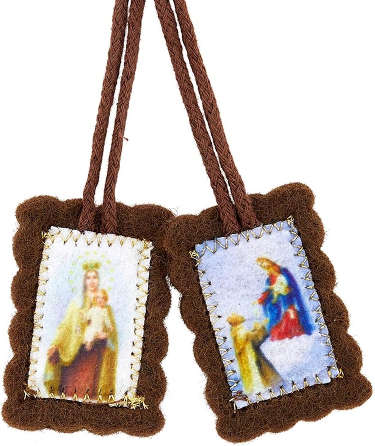 Needzo Small Brown Wool Scapular, Images of Our Lady Panels, Catholic Devotional Accessory, 16.5 Inches