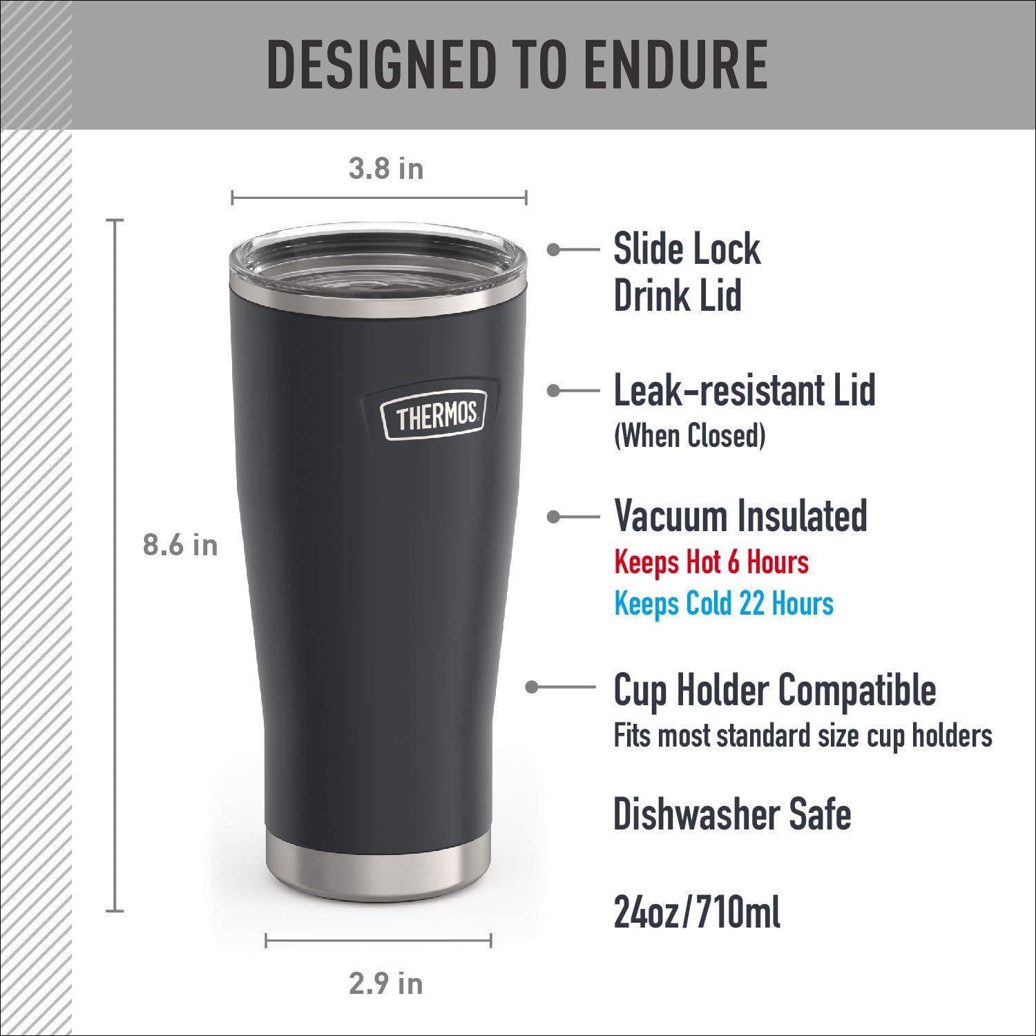THERMOS ICON SERIES Stainless Steel Cold Tumbler with Slide Lock, 24 Ounce, Granite - Image 7