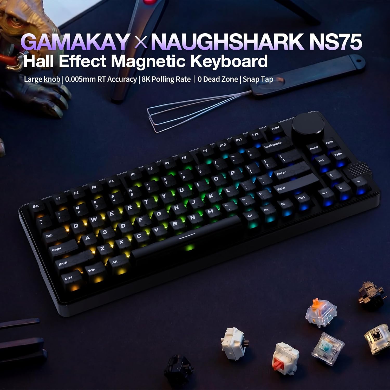 GK GAMAKAY NS75 Rapid Trigger Wireless Keyboard with Knob, Tri-Mode BT/2.4GHz/USB-C, 8KHz Polling Rate 0.005mm RT, Hall Effect Magnetic Switch 75% Gaming Keyboard (Outemu White Jade Magnetic Switch)
