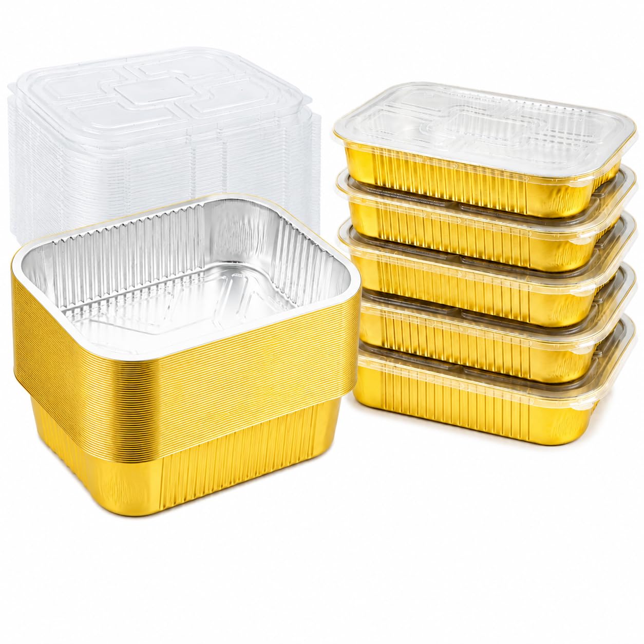 Paquete de 15 sartenes de aluminio resistentes con tapas de 9 x 13 pulgadas, bandeja de aluminio dorado para hornear de tamaño medio, contenedor de alimentos de doble grosor con tapas para