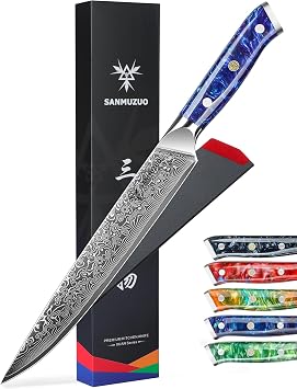 Carving Knife - 9 inch Kitchen Meat Cutting Slicing Knife- Xuan Series - VG10 Damascus Steel with Resin Handle Sapphire Blue