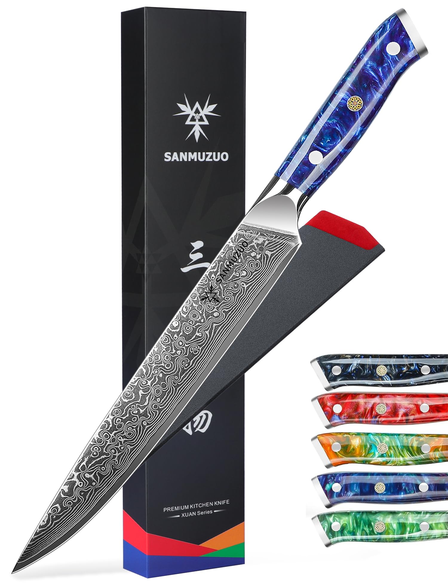 Couteau à Trancher 23 cm, Couteaux de Cuisinede Chef Japonais Couteau à découper - Acier de Damas et Manche en Résine - Série Xuan(Bleu Saphir)