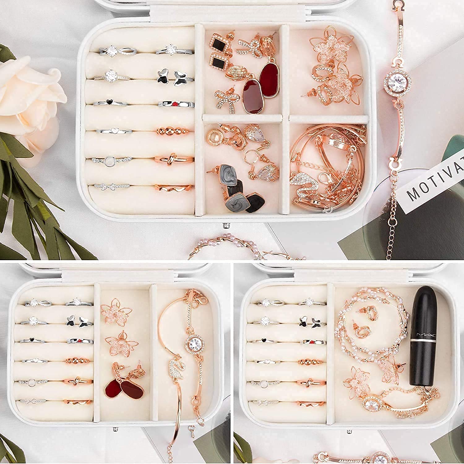 ZYFSHA Joyero de Piel sintética para Mujer, joyero de Viaje, joyero pequeño con Espejo para Pendientes, Anillos y Collares (Blanco)