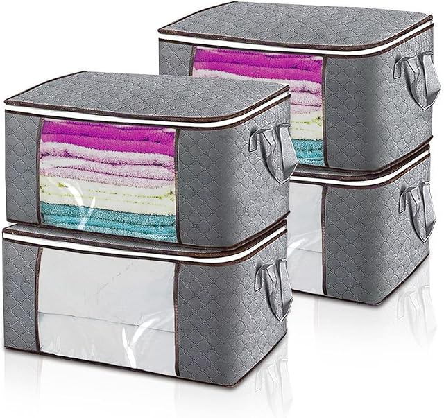 AHUNTTER 4 Pack Large Capacity Clothes Storage Bag Organizer 90L Foldable Closet Solution Bin with Reinforced Handles Clear Window Thick and Breathable Fabric for Blankets, Comforters, Bedding