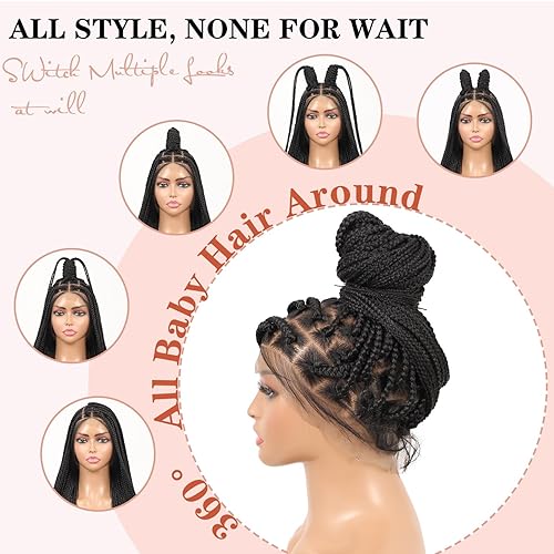 Miniatura 9 de Lexqui Pelucas trenzadas de encaje completo de 36 pulgadas 360 HD con caja rizada bohemia con cabello de bebé, color marrón degradado, triángulo