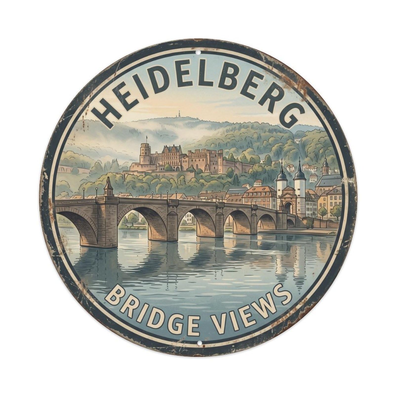 Vintage Travel Heidelberg Germany Bridge Metal Tin Sign Plaque Wall Decor for Cafe, Club, Garden Round Metal Poster 8x8Inch