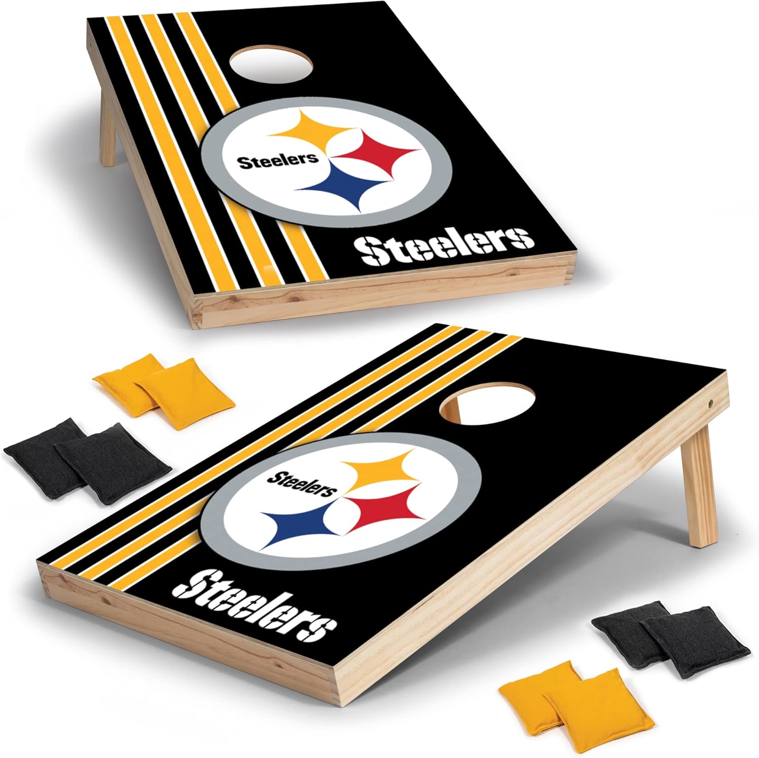 Wild Sports 2' x 3' Solid Wood Cornhole Set with Direct Print HD Team Graphics – Great Gift for Any Football Fan! Bean Bag Toss Family Outdoor Games – NFL Pittsburgh Steelers