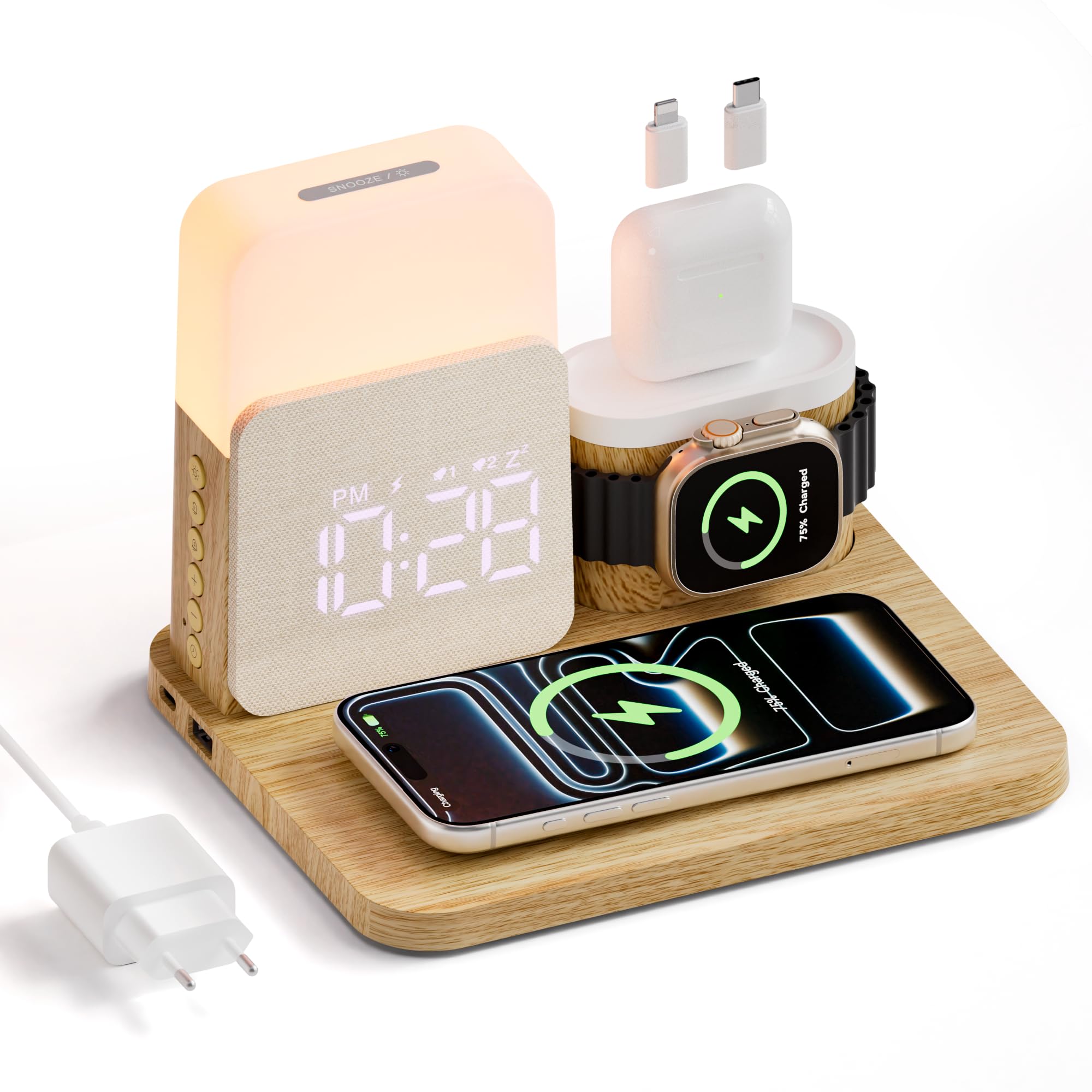 5 in 1 Caricatore Wireless per i-phone, Stazione di Ricarica con Sveglia | Caricatore 3 in 1 A-Watch Air-Pods i-phone 17-11 e Luce 3 Colori Regolabile, Adattatore Incluso – per Camera, Ufficio