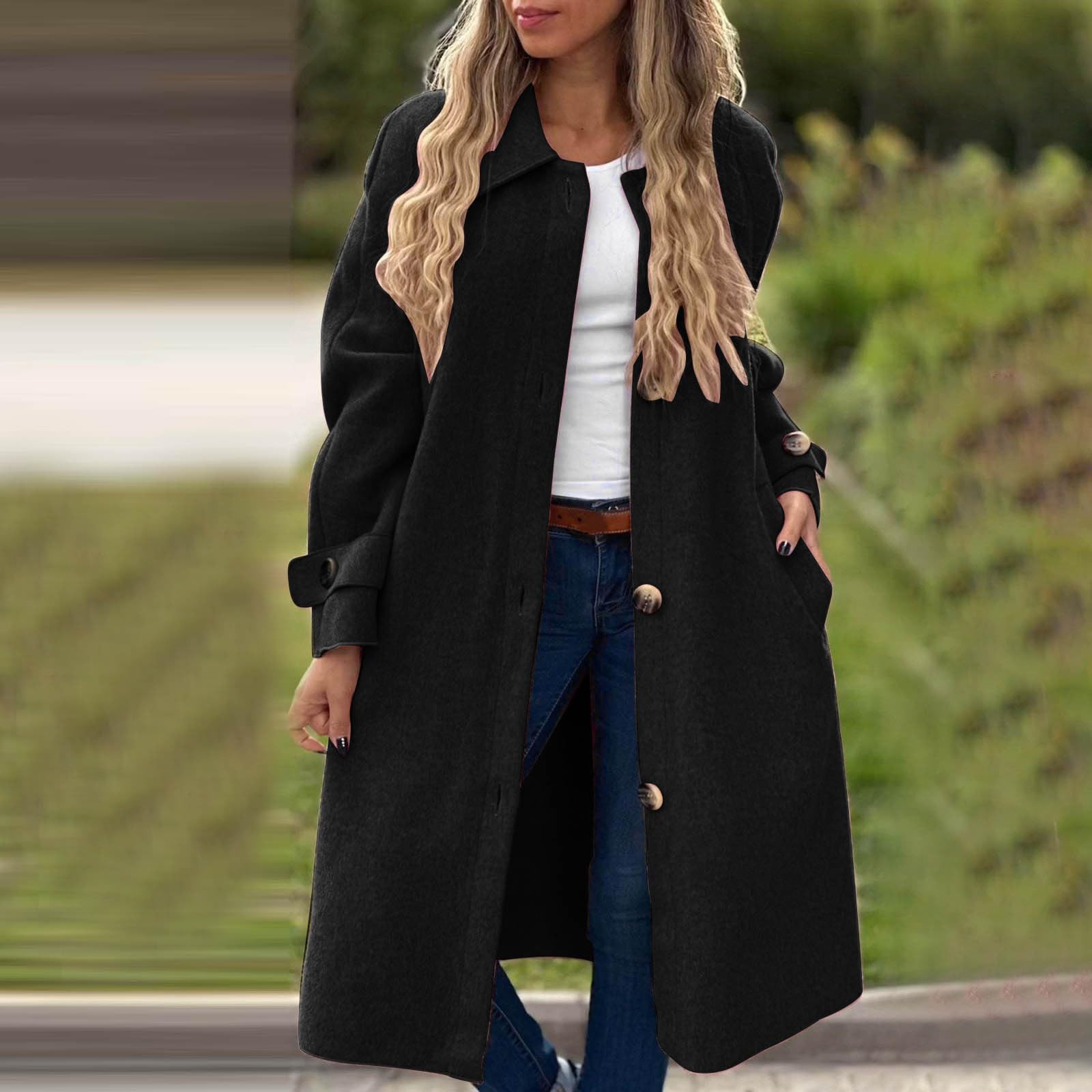 Manteau Femme en Laine Long Hiver Chaud Chic Mi-Long Trench Veste d'hiver pour Femme élégante à Revers Manteau en Laine Longueur Moyenne Veste Mi-Saison Couleur Unie Manteau Coupe-Vent Idee Cadeau