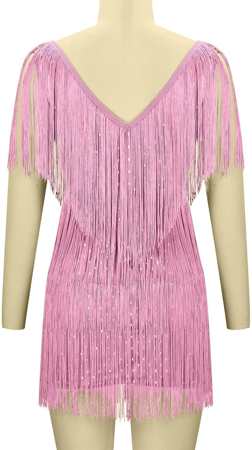 Womens Fringe Dress Sleeveless Tassel Tank Dress Sexy Low Cut V Neck Cocktail Party Mini Sundress Clubwear