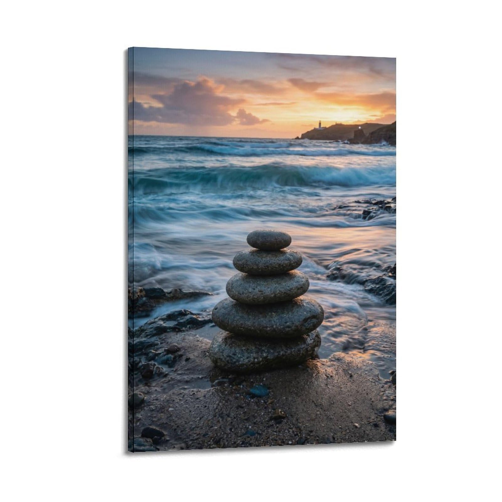 XKUGA Serenity Poster Tidal Pebble Cairn Beach Balance Meditation Calm Modern Decorative Canvas Prints - Ideal Wall Art for Family, Man Cave, Game Room, Boys & Girls Bedroom 20x30inch(50x75cm)