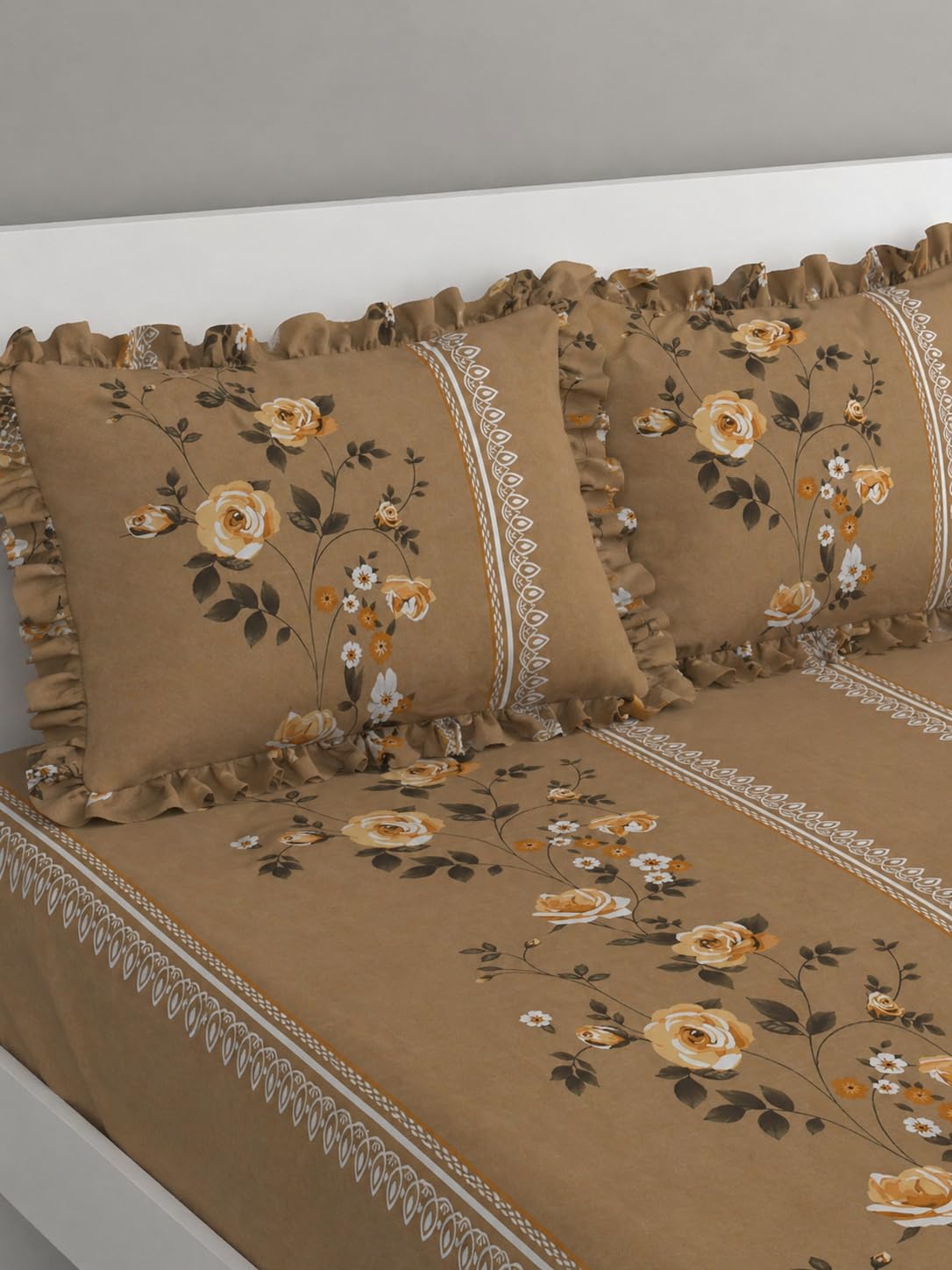 VOMZER King Size (72x78) 300 TC Soft Cotton Feel Microfiber All Around Elastic Fitted Double Bedsheet with 2 Frill Pillow Covers | Beige Lily
