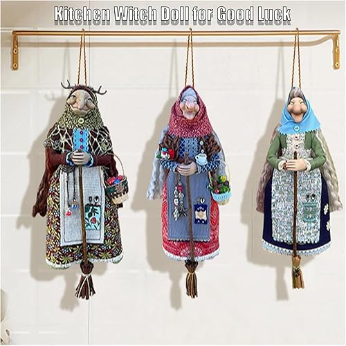 Miniatura 5 de Muñeca de bruja de cocina hecha a mano, muñeca de bruja para colgar en la decoración de la puerta, decoración colgante de bruja de la suerte para