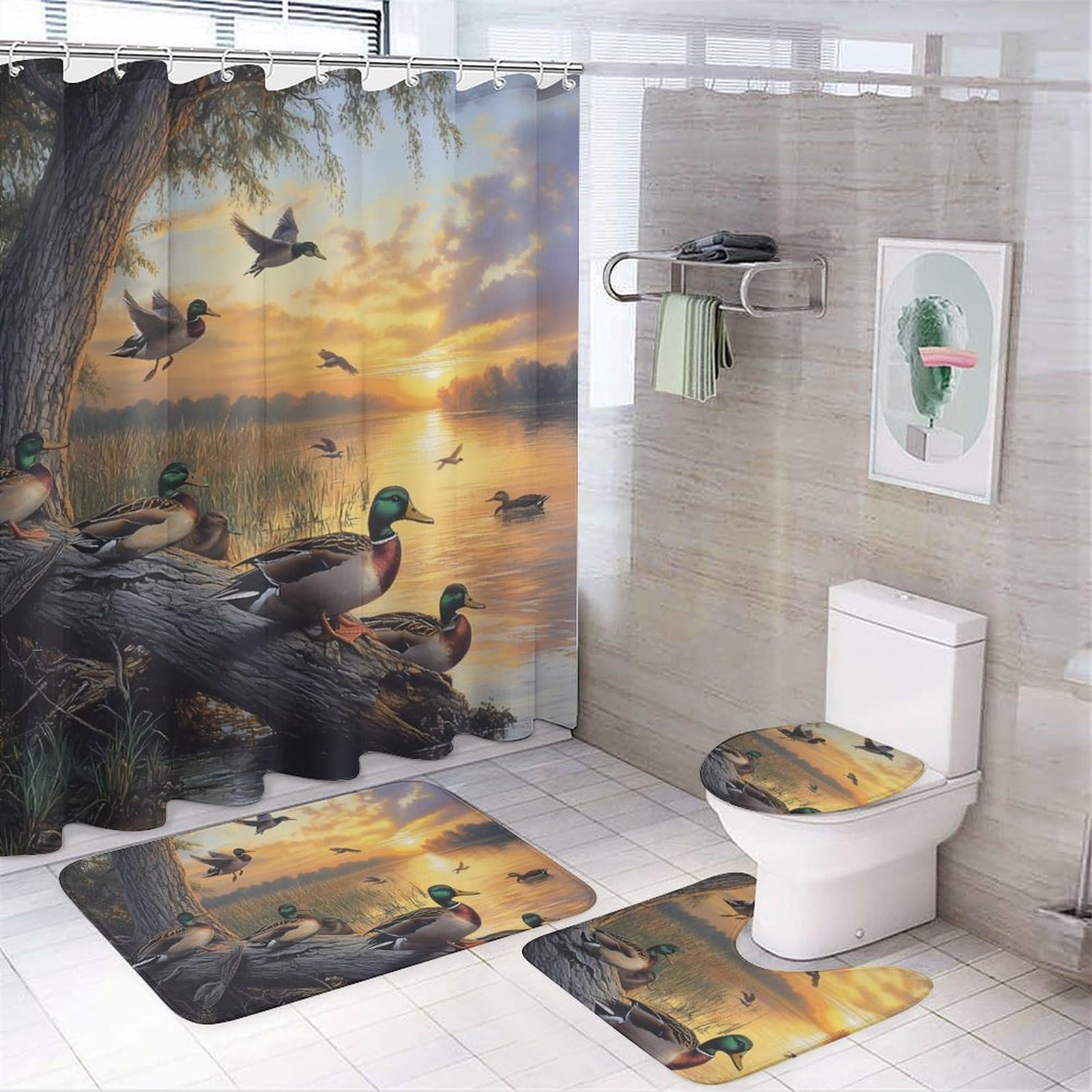 CGSBNGHA Mallard Ducks Lake Shower Curtain Set 4 Piece Bathroom Sets with Rugs Toilet Lid Cover And U-Shaped Floor Mat