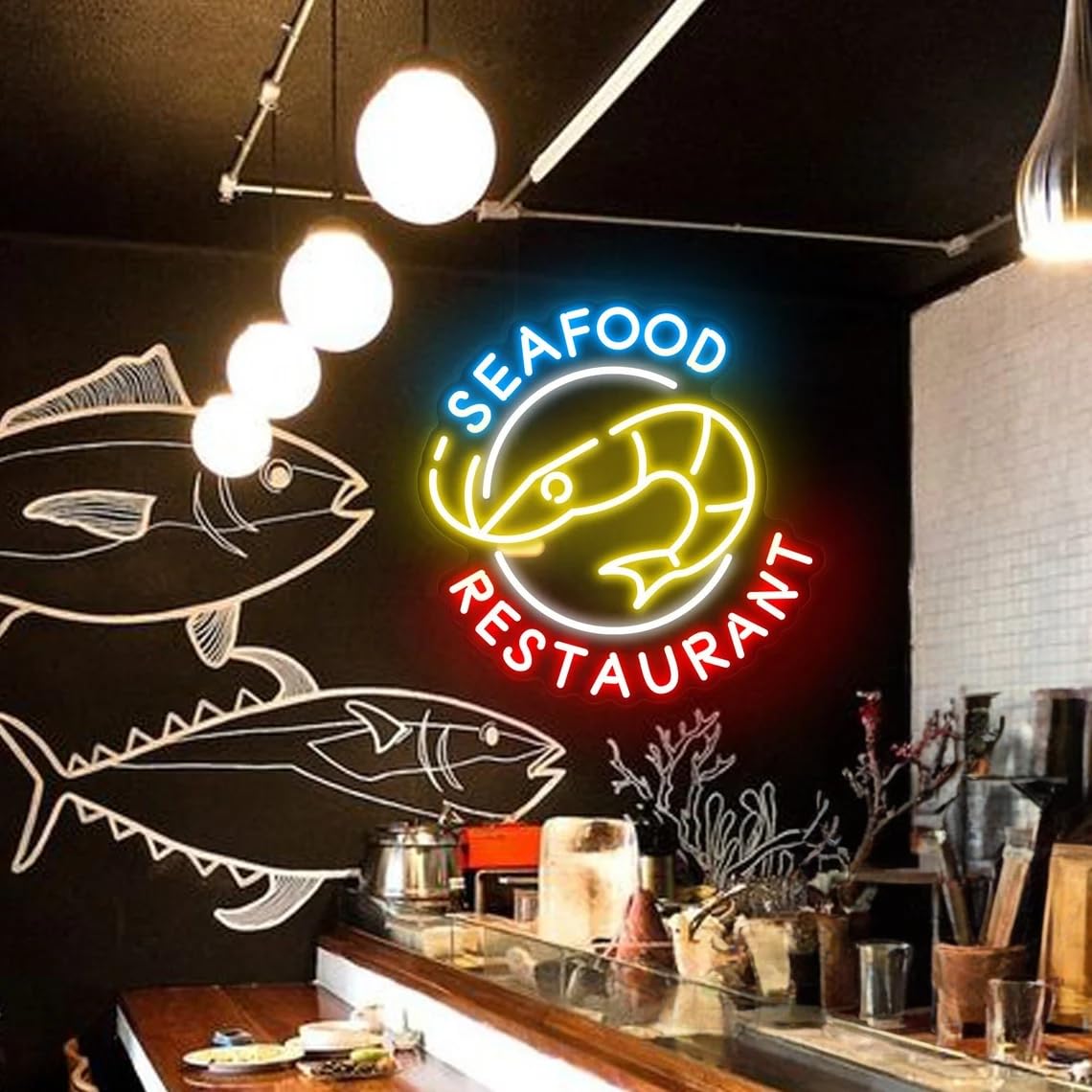 Seafood Restaurant Neon Sign, Custom Sea Food Shop Shrimp LED Neon Light Home Wall Decor Beach House Beer Bar Decoration Shrimp Lover Gift