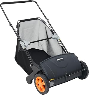 21-Inch Push Lawn Sweeper, 3.5 Cu. Ft. Hopper Leaf & Grass Collector, 4 Spinning Brushes, Adjustable Brush Height, Manual Yard Sweeper for Grass Clippings, Leaves & Light Debris, Black & Orange