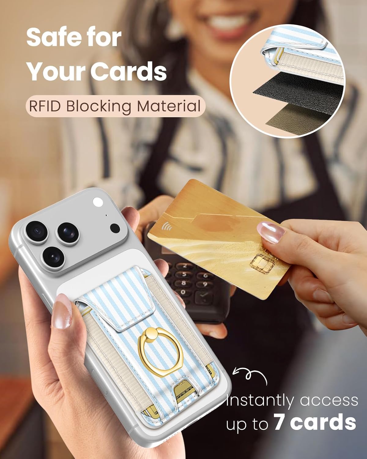 Shorogyt Compatible with Magsafe Wallet with Ring Grip Magnetic Card Holder - Cute Phone Wallets with Stand for iPhone 17/16/15/14/13/12 Series for Women Girls Blue White Design, Fit 7 Cards - Image 5