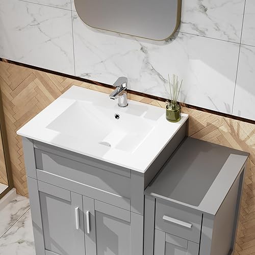 Miniatura 4 de Lavabo de baño de 36 pulgadas, armario de tocador gris y fregadero de cerámica blanca con drenaje desplegable