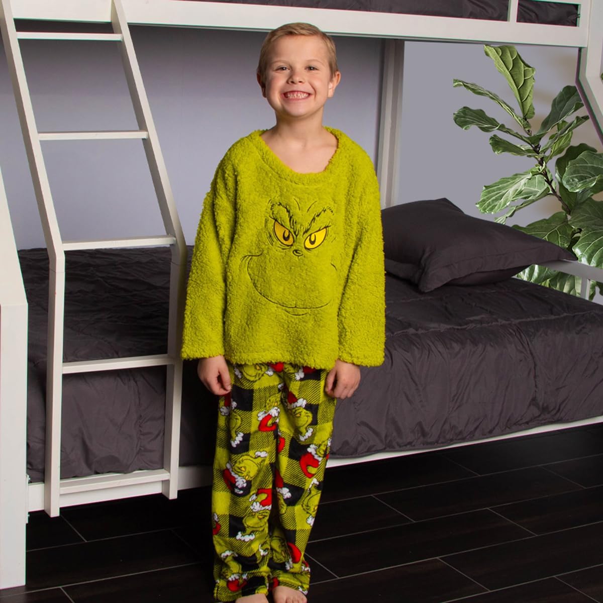 Dr. Seuss GRINCH Santa Plaid Plush Fleece Pajama Sleep Set - Image 3
