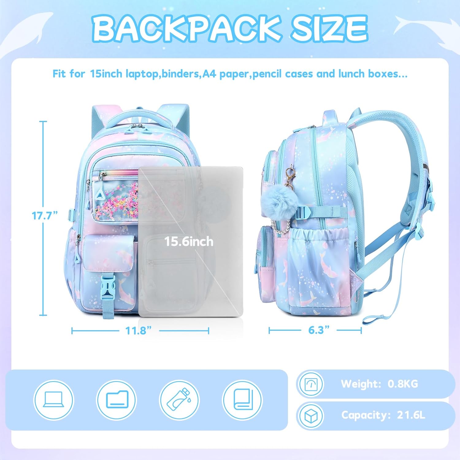 Girls Backpack,School Bag for Kids,Primary,Elementary,teen ages 6-15 Girls Bookbag,Students Kawaii Backpack Blue dolphin