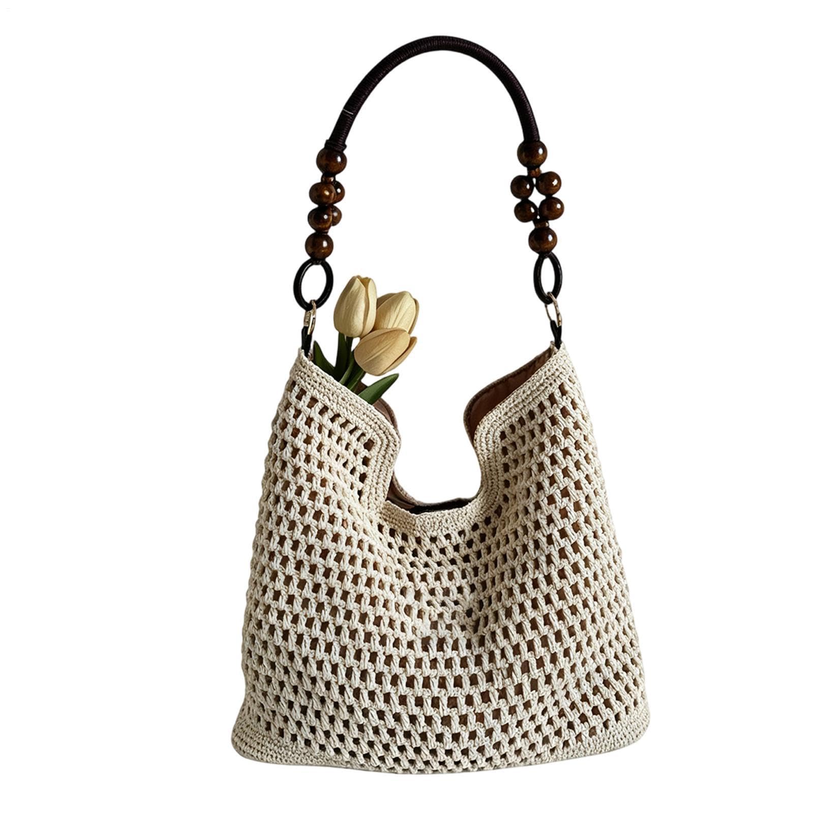 Bolsa de playa de ganchillo, estilo bohemio, grande, ligera