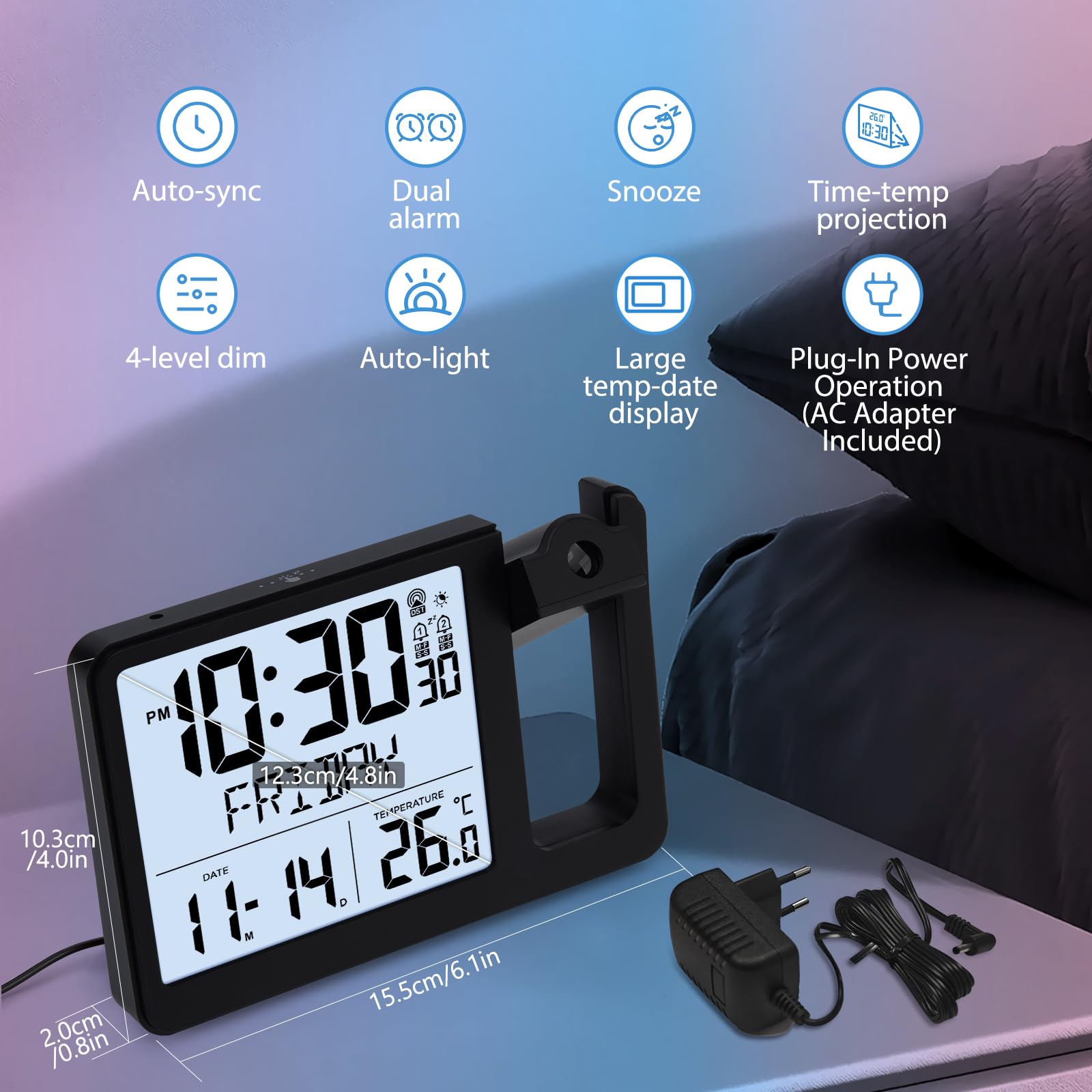 VIVILINEN Reloj Proyector Techo con Enchufe, 2 Alarmas, Sensor de Luz, Reloj Despertador con Temperatura, Repetición, Fecha, Visualización de la Semana