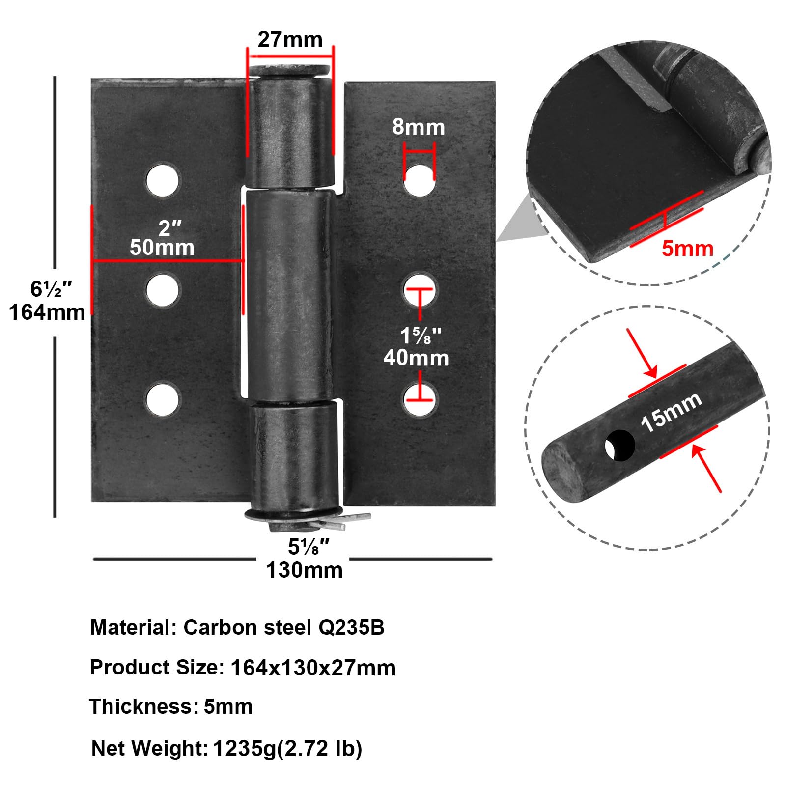 Paquete de 2 bisagras de puerta soldables resistentes de 6 x 5 pulgadas, bisagras de puerta de metal de acero con pasador extraíble, 4.5 mm de grosor, diámetro del pin 15 mm