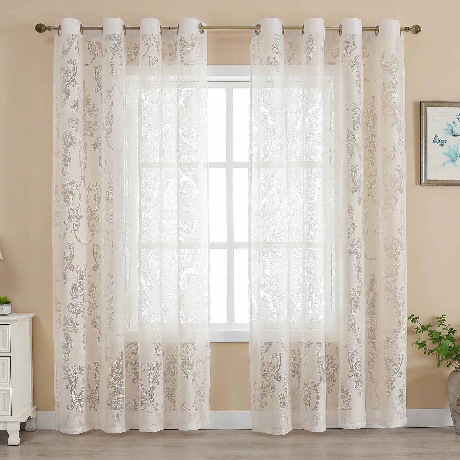 Gazal Vole Halbtransparente Jacquard Gardinen mit Blumenmuster – Voile Ösenschal Vorhänge im Vintage Landhausstil für Wohnzimmer & Schlafzimmer