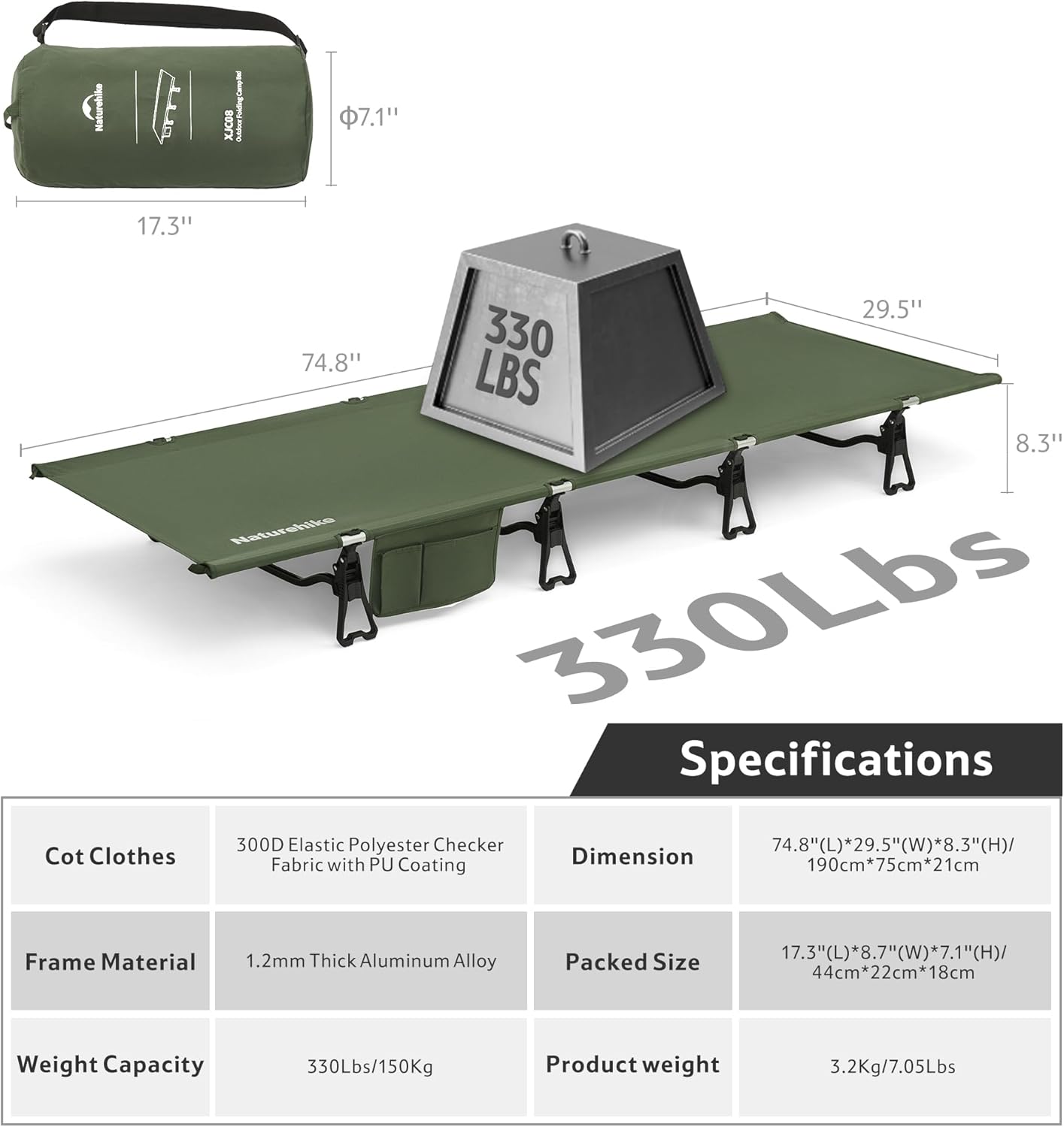 Naturehike Extra Wide GreenWild Camping Cot, Folding Lightweight Camp Cot Bed, Portable Sleeping Bed for Backpacking Travel Beach Home