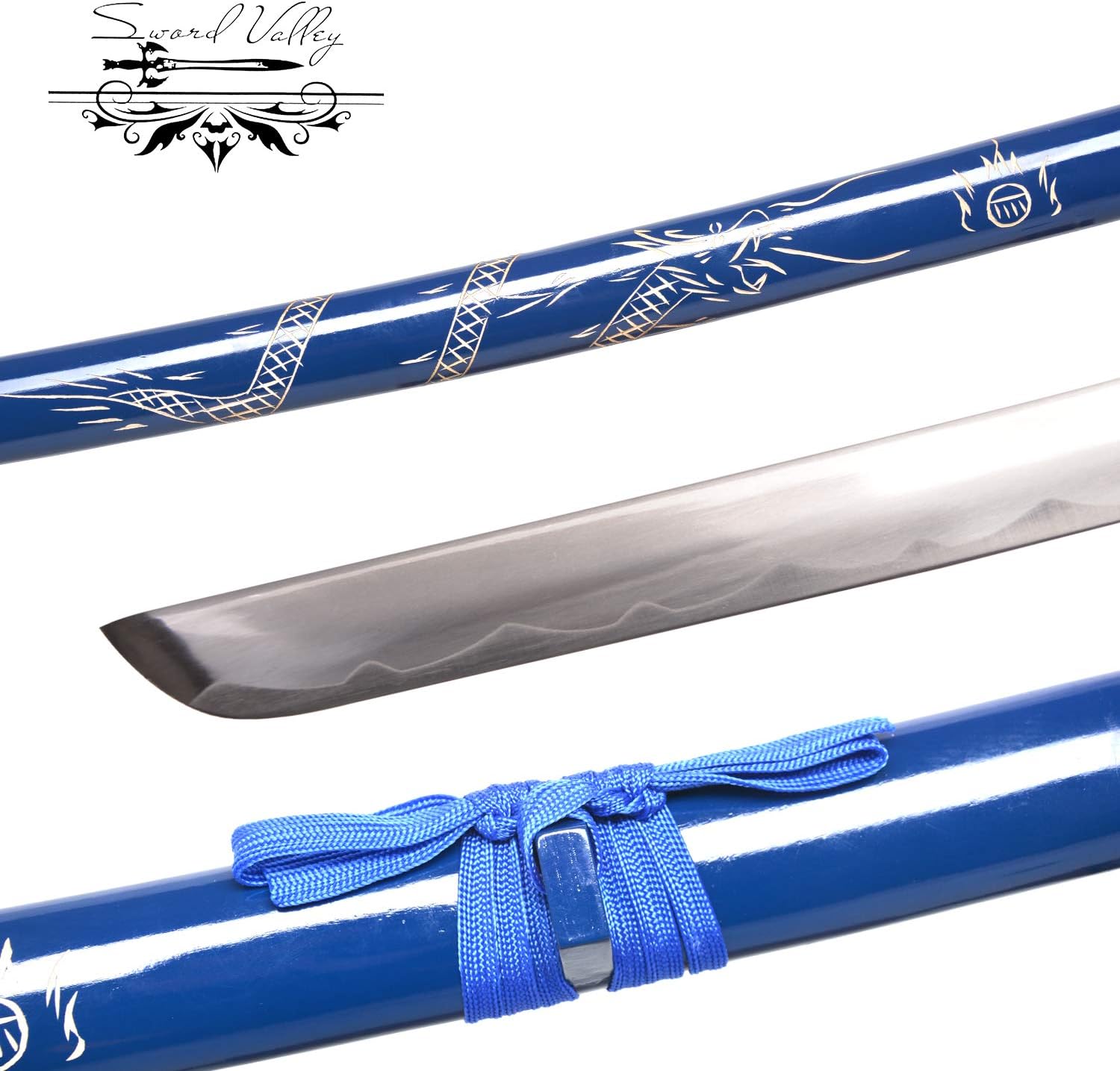 Sword Valley Authentic Hanakiri Samurai Sword 3-Piece Set with 3-Tier Display Stand - Dragon Engraved Scabbards, Stainless Steel Blades, Waxed Cotton Handle (36.8"+27.6"+18.1")