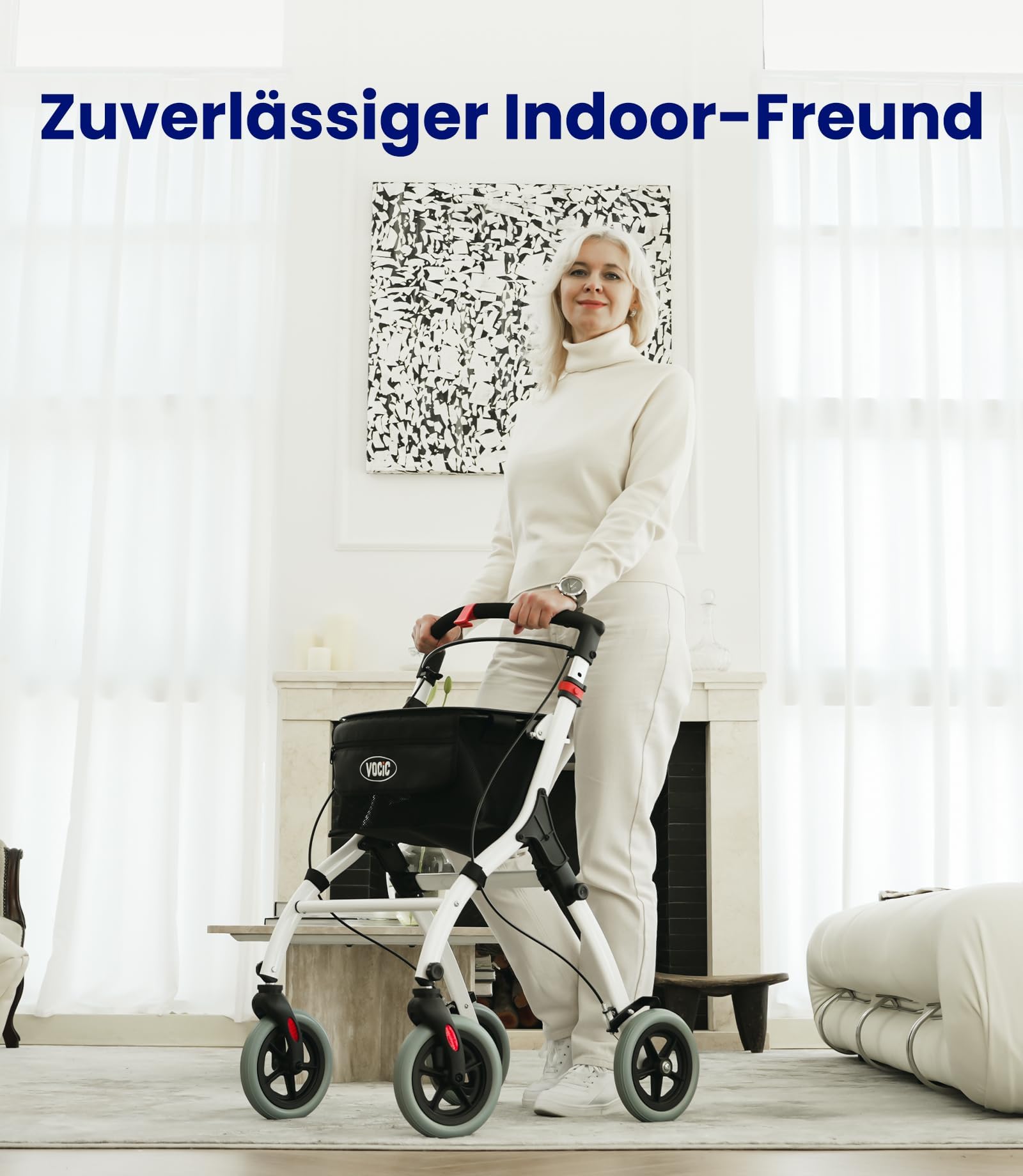 VOCIC Z32 Rollator Schmal für Wohnung,Indoor Rollator Faltbar und Leicht,Stabiler Wohnungsrollator mit Spuer Leiser Anti-Rutsch Reifen,Rollatoren für Senioren Klappbar Tablett,Weiß|5 Jahre Support