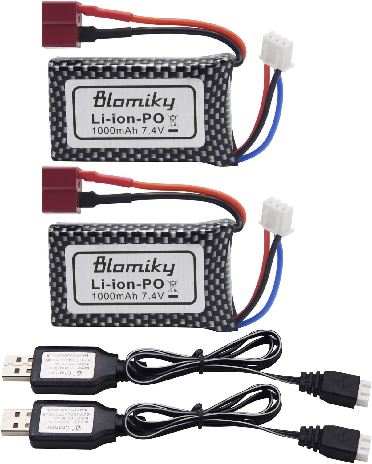Blomiky 2 Pack 7.4V 2S 30C 1000mAh 7.4Wh Lipo Battery T Plug and USB Charger Cable Suitable for Haiboxing 18859E 18858 16890A and XLH Q903 RC Trucks / Q903 Battery 2