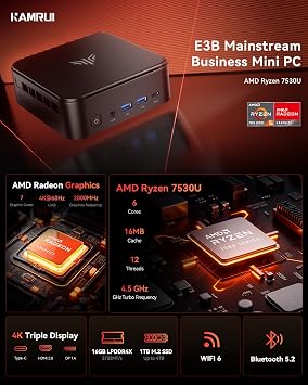 KAMRUI Win-11 PRO Mini Gaming PC AMD Ryzen 5 7530U 16GB RAM 1TB SSD