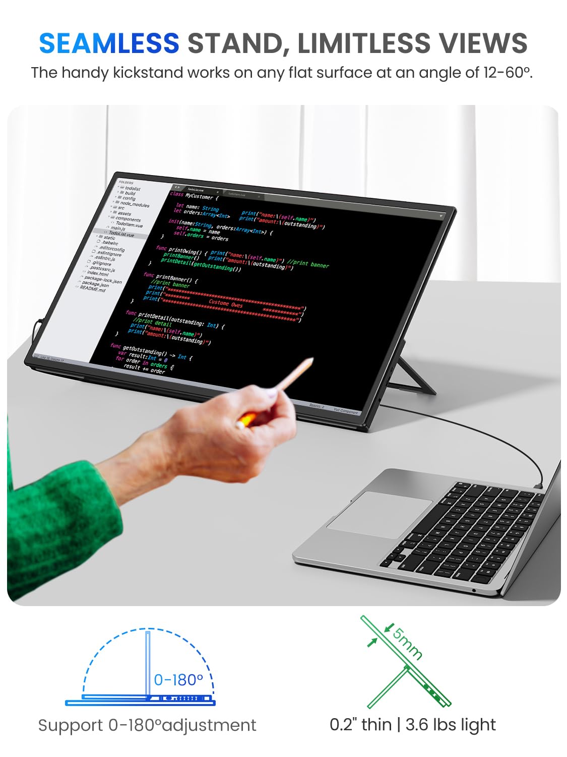 UPERFECT 21.5“ 120Hz QLED Écran Tactile Portable, 125% sRGB 2000:1 Contraste 1080P Grand Moniteur avec Pied Réglable à 180° USB C HDMI pour Laptop Consoles de Jeux PC, Compatible VESA